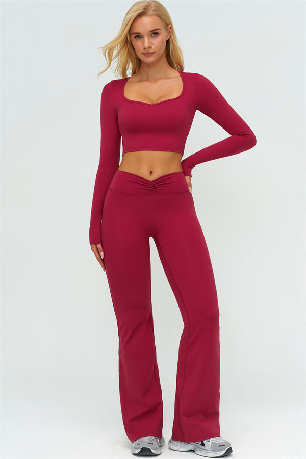 The Lushness Long Sleeve Crop Top Flared Leggings 2-Piece Set
