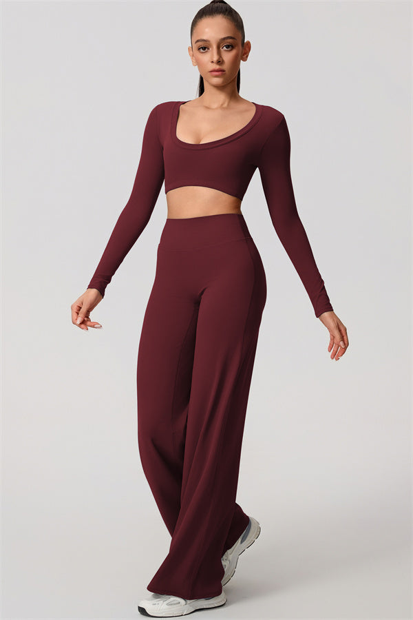 The Nestle Long Sleeve Crop Top Straight Leg Pants 2-Piece Set