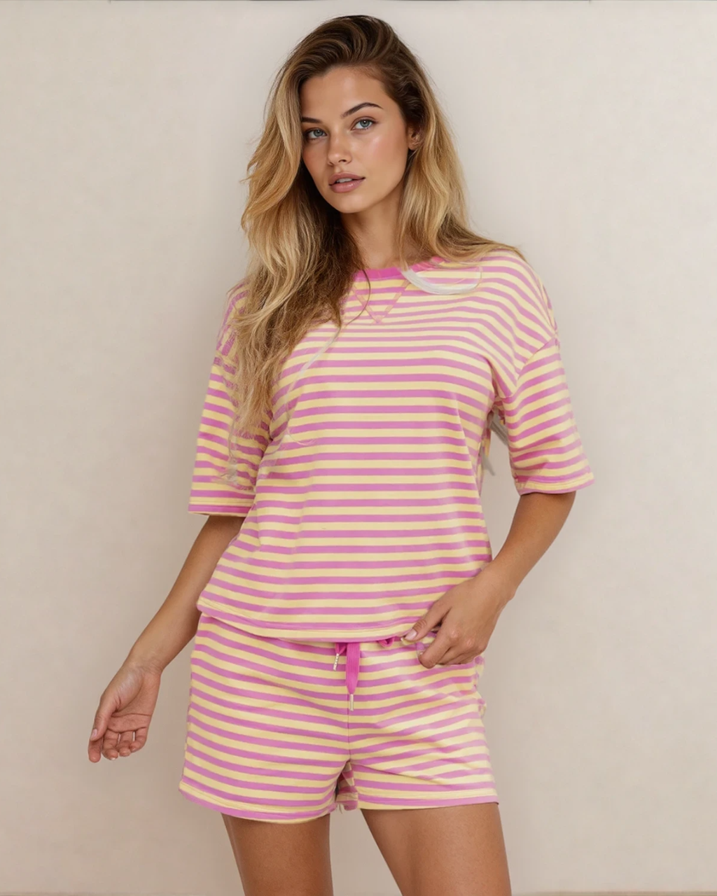Elsa Stripe Drop Shoulder Boxy Casual Terry Short Set - Sherbet
