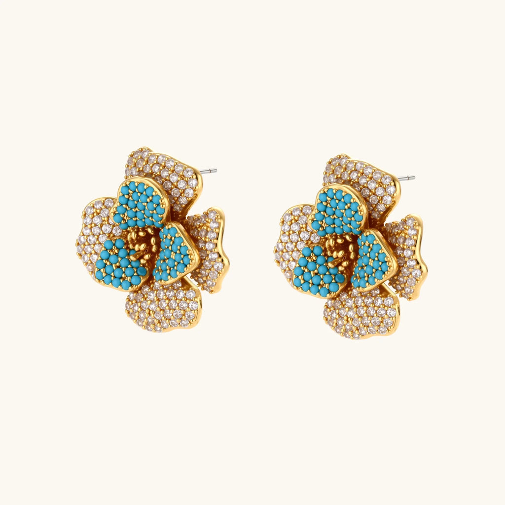 Gold and turquoise floral stud earrings with rhinestones