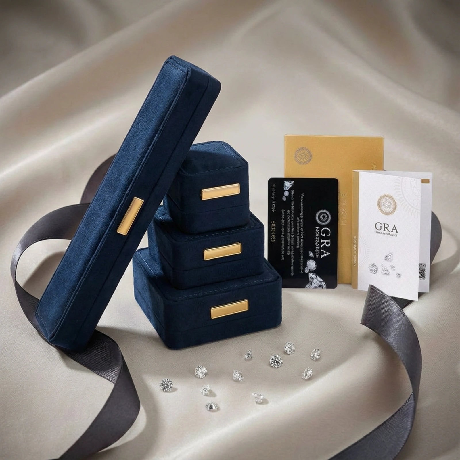 Set of blue gra jewelry boxes with gold accents on a beige fabric background