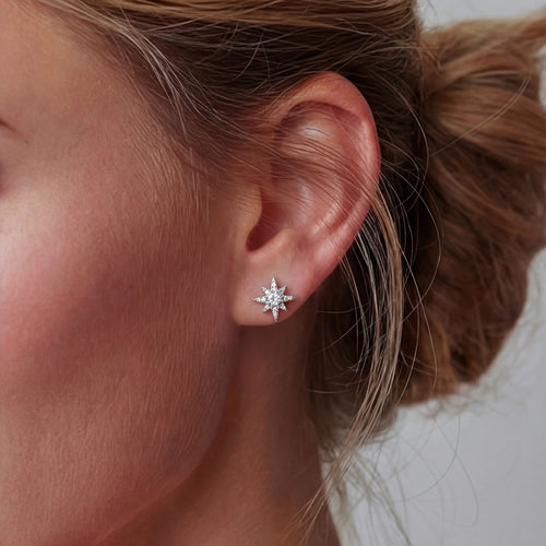 Close-up of an ear wearing a star-shaped earring with a blurred background