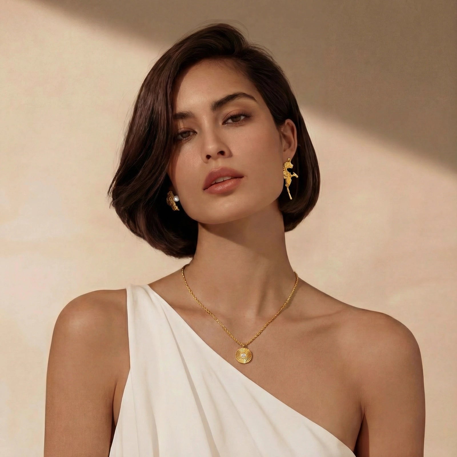 Woman wearing gold jewelry against a beige background