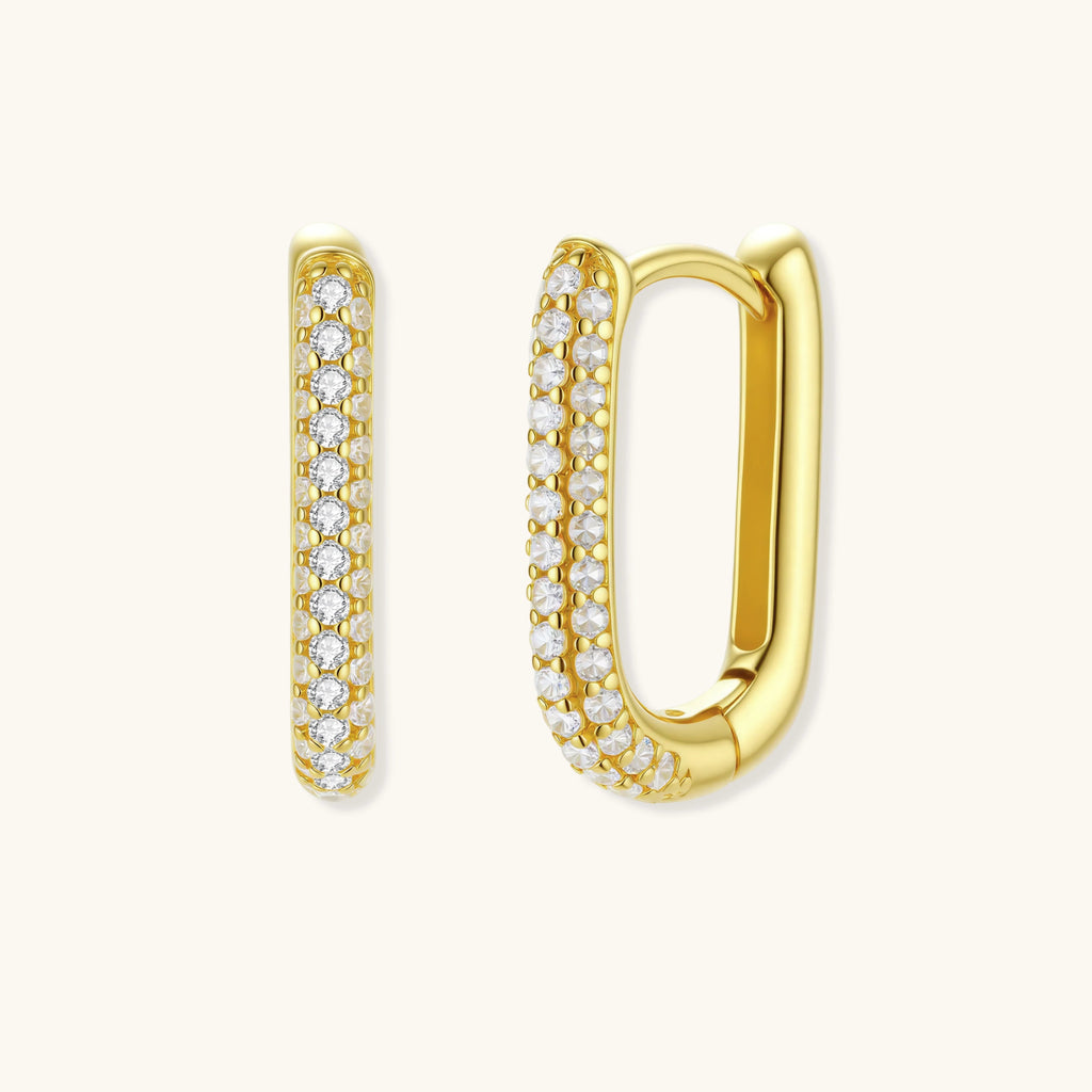 Gold huggie earrings with clear gemstones, platinum plated sterling silver