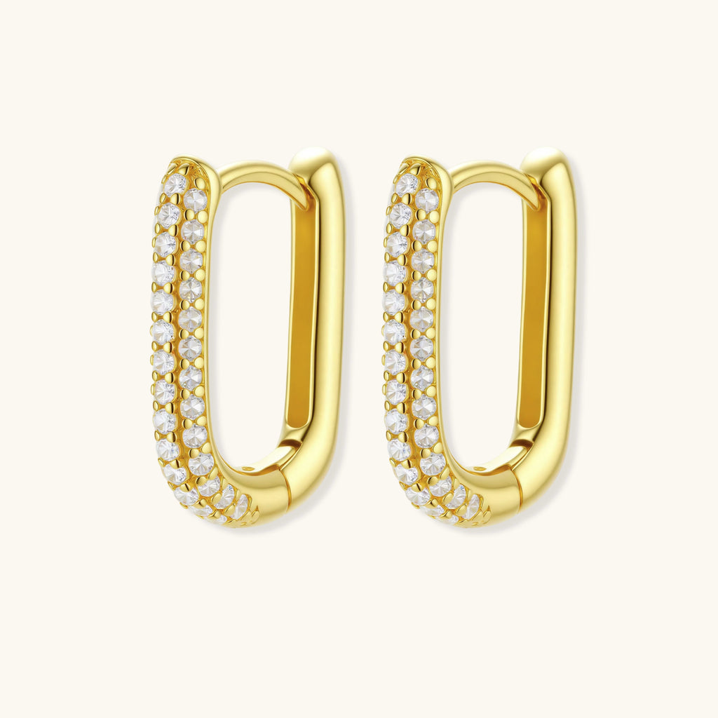 Gold huggie earrings with clear gemstones, platinum plated sterling silver