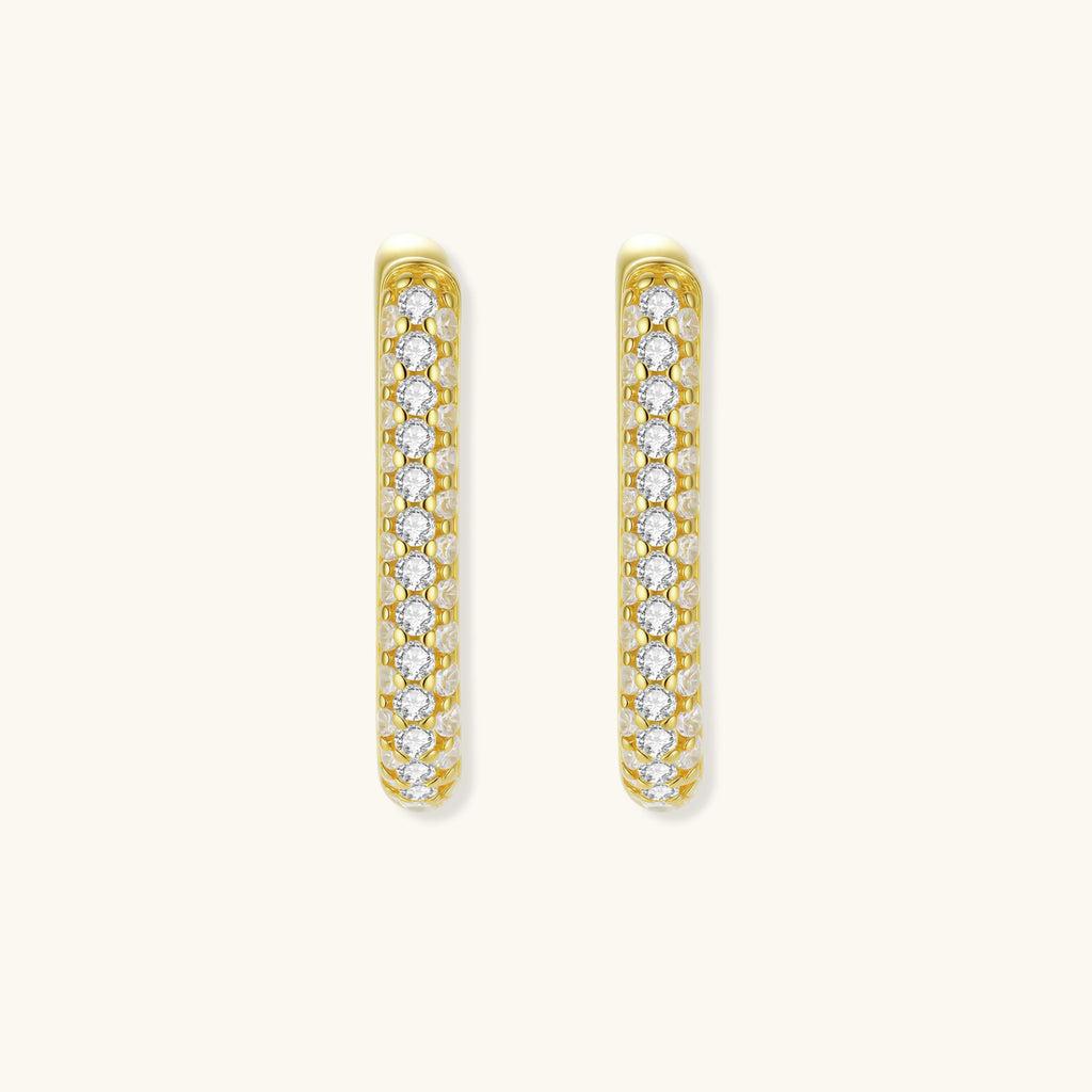 Gold huggie earrings with clear gemstones, platinum plated sterling silver