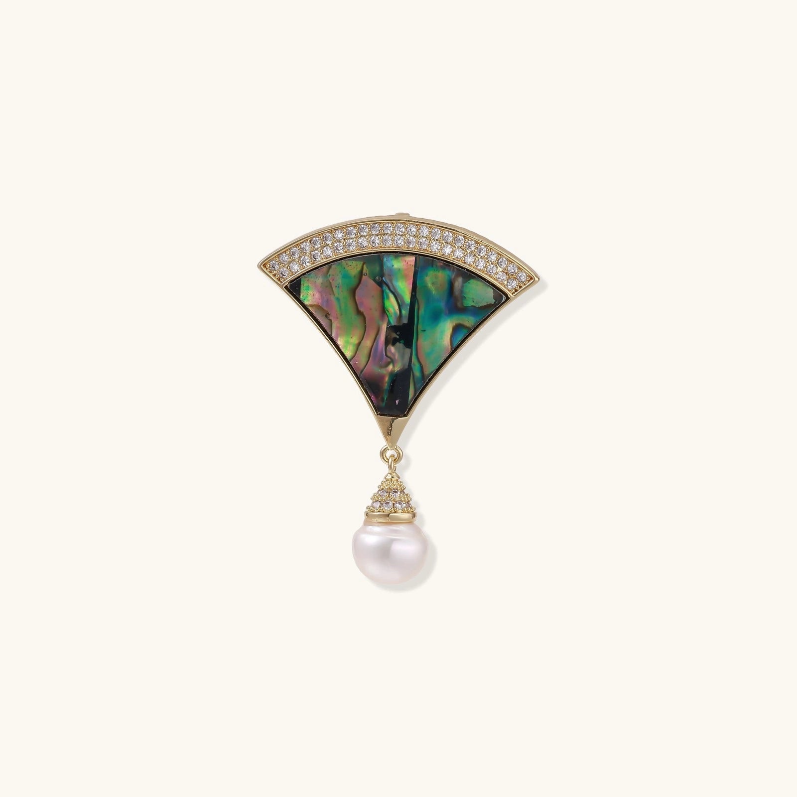 Jewelry broach piece with abalone shell and pearl on a white background