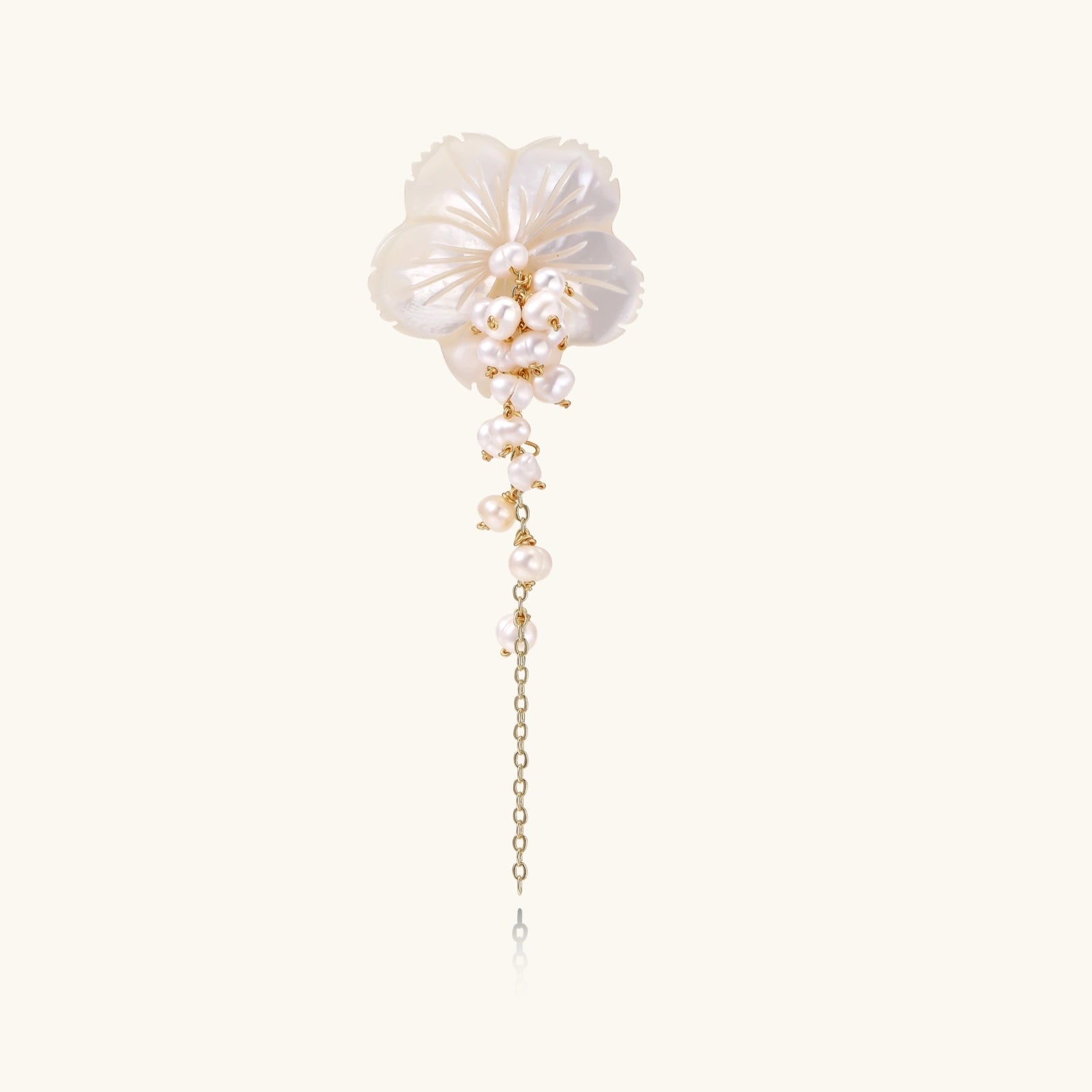 Pearl brooch with cascading pearls and gold chain 