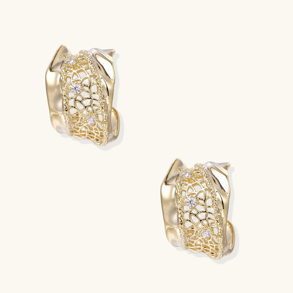 Gold hoop earrings with intricate mesh design on a white background