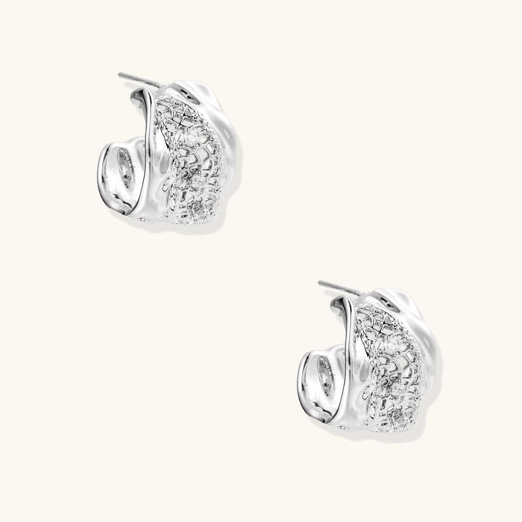 Pair of white gold plated earrings with clear gemstones and mesh design