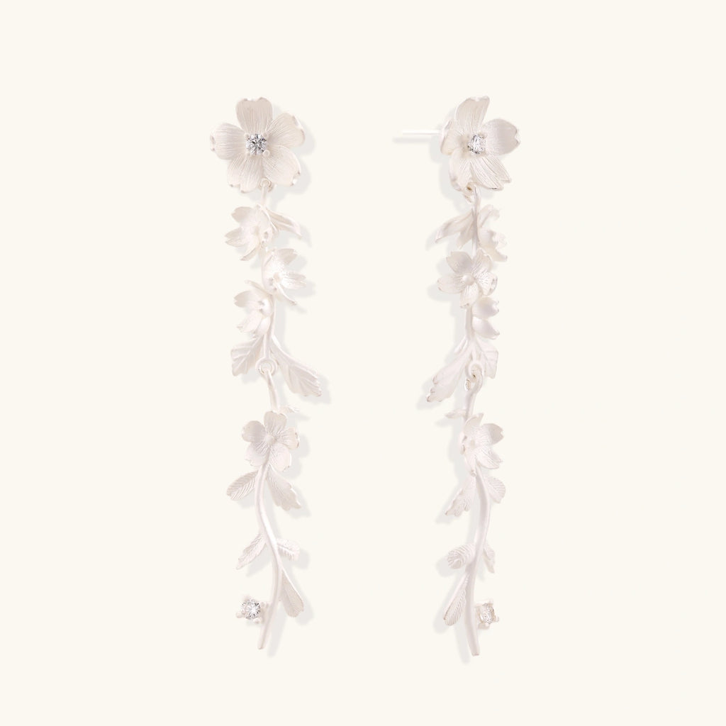Pair of sterling silver floral earrings on a white background