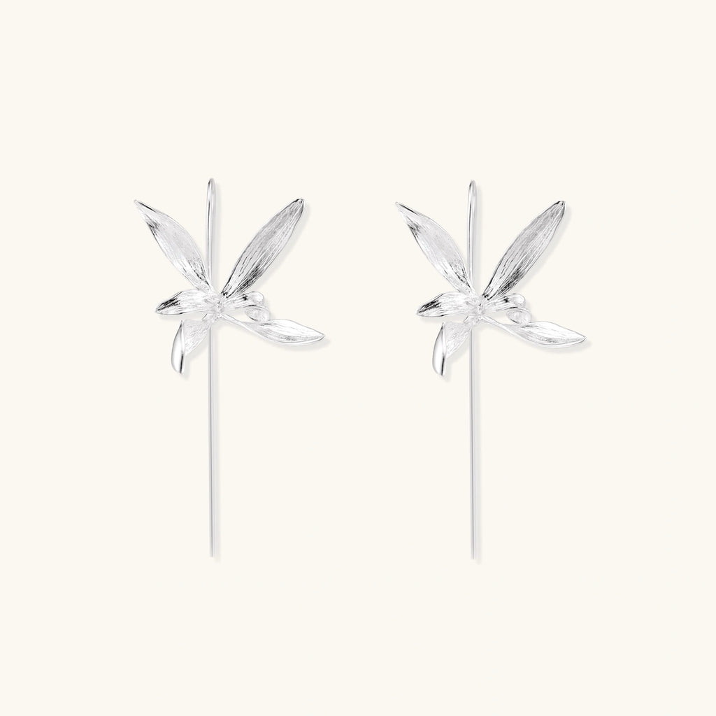 Sterling silver floral threader earring front view