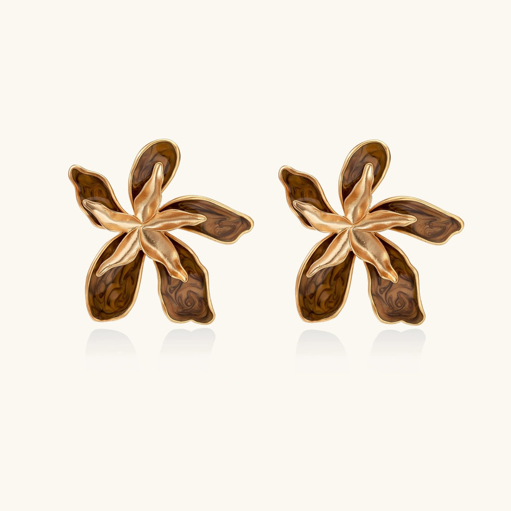 Pair of gold and brown floral earrings on a white background