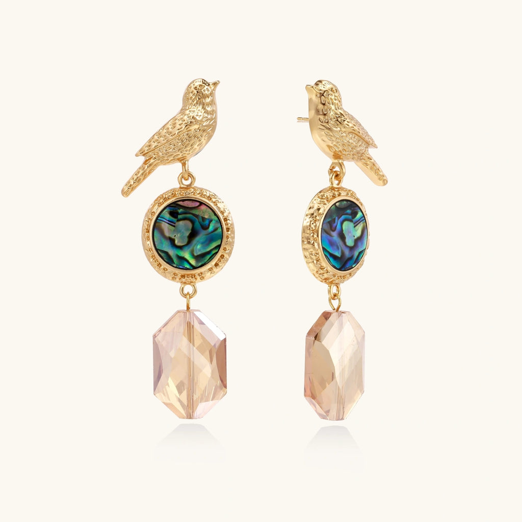 Gold bird-shaped earrings with abalone shell and crystal drop on a white background