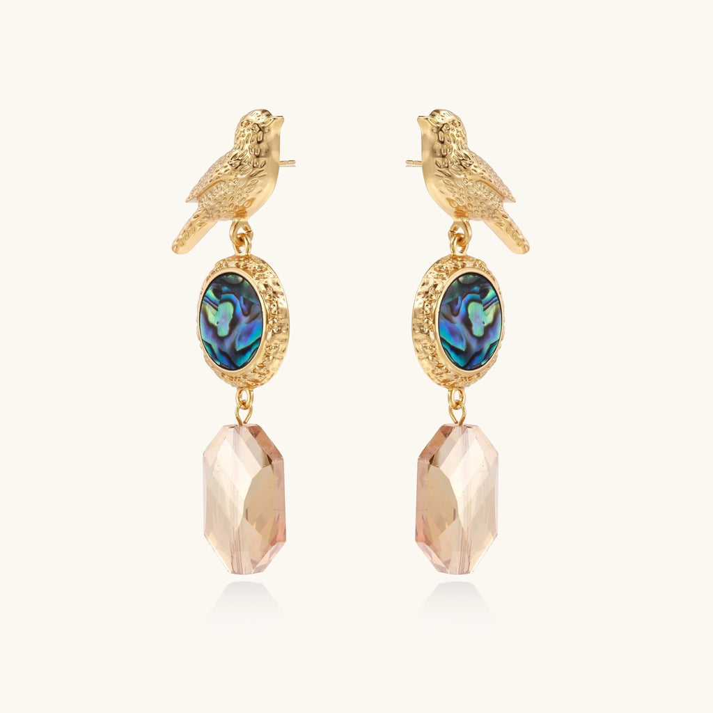 Gold bird-shaped earrings with abalone shell and faceted stone on a white background