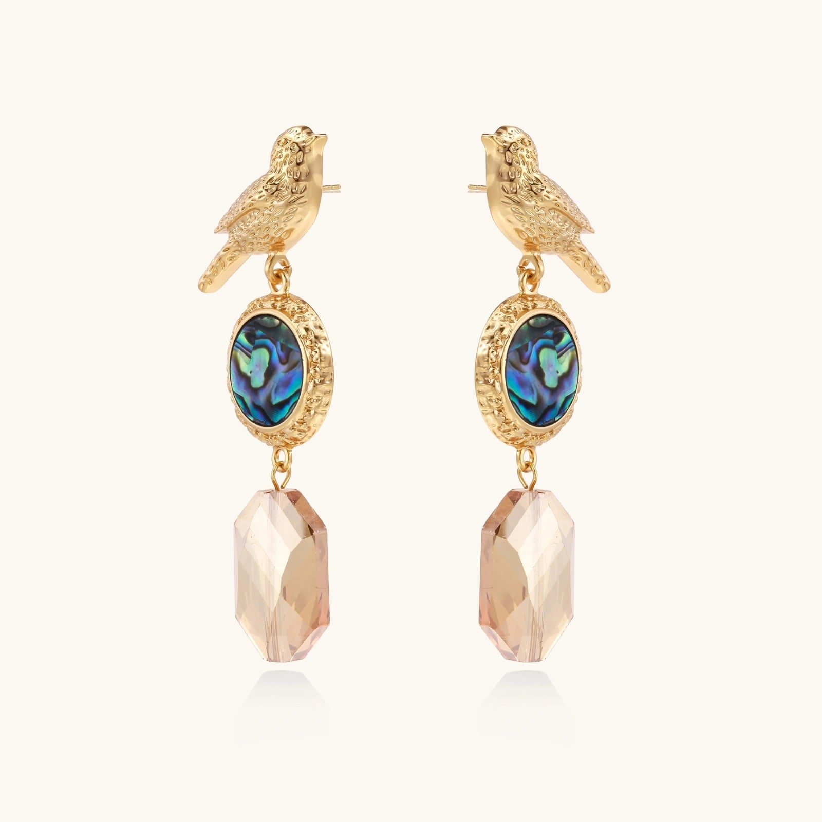 Gold bird-shaped earrings with abalone shell and faceted stone on a white background
