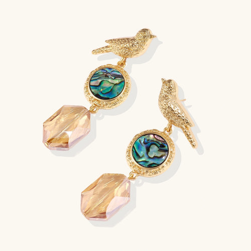 Gold earrings with abalone shell and crystal-like elements on a white background