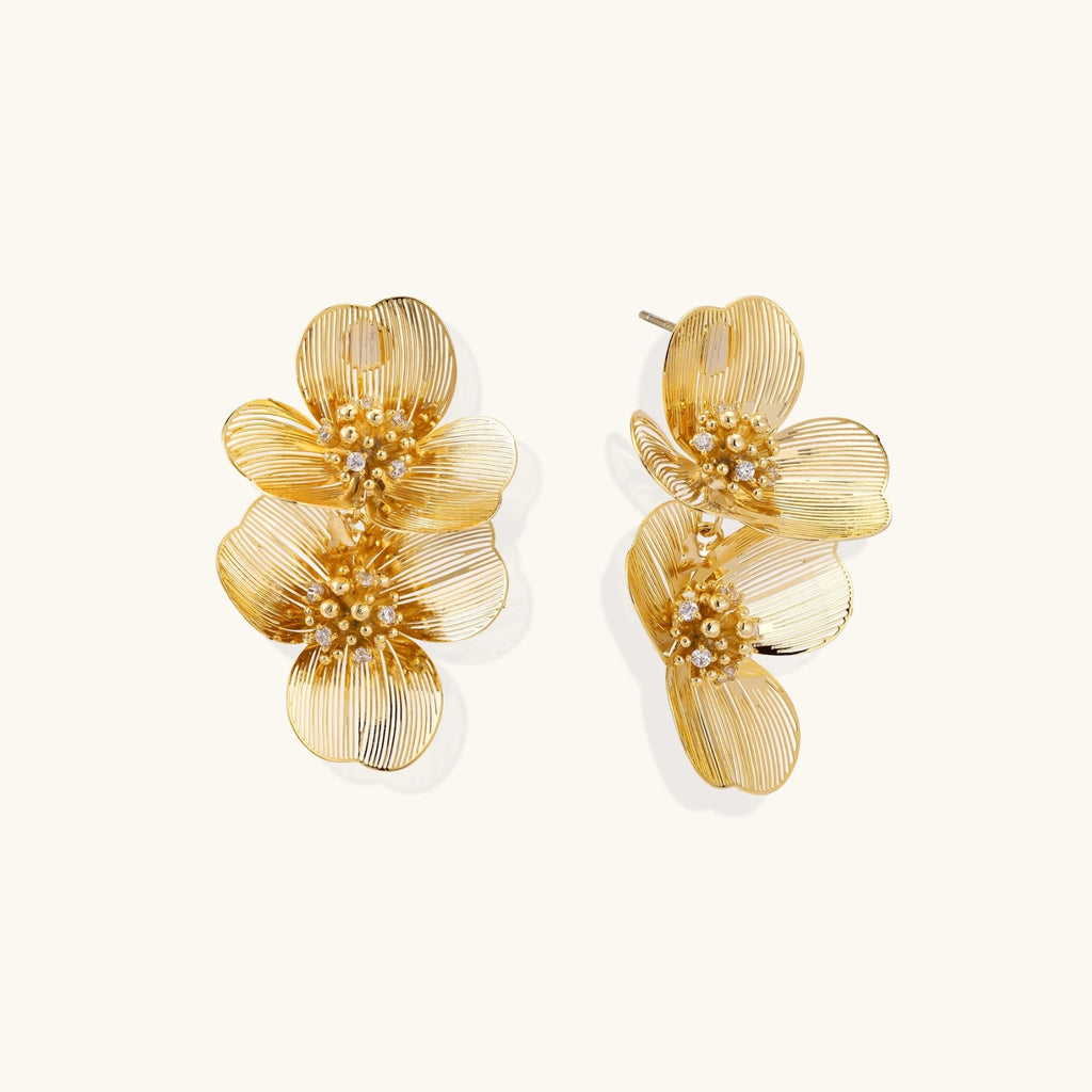 Pair of gold floral earrings on a white background