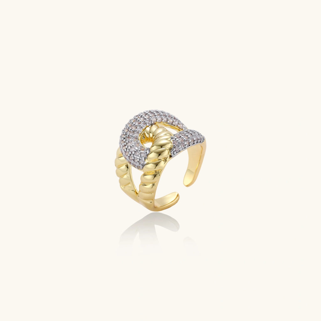 Gold and silver ring with intricate design on a white background