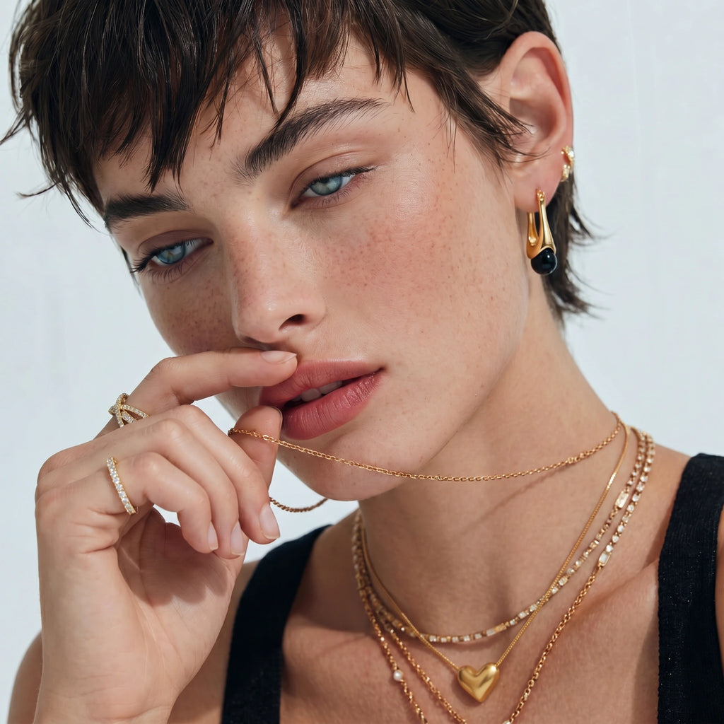 Woman wearing gold jewelry including necklaces, earrings, and rings on a plain background