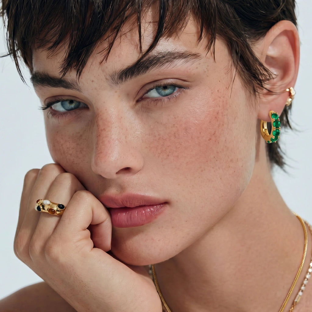 Close-up of a woman wearing gold jewelry with a neutral background