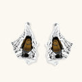 Pair of silver earrings with a central brown gemstone on a white background
