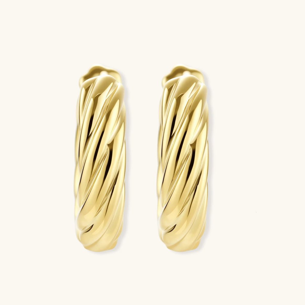 Pair of gold hoop earrings on a white background