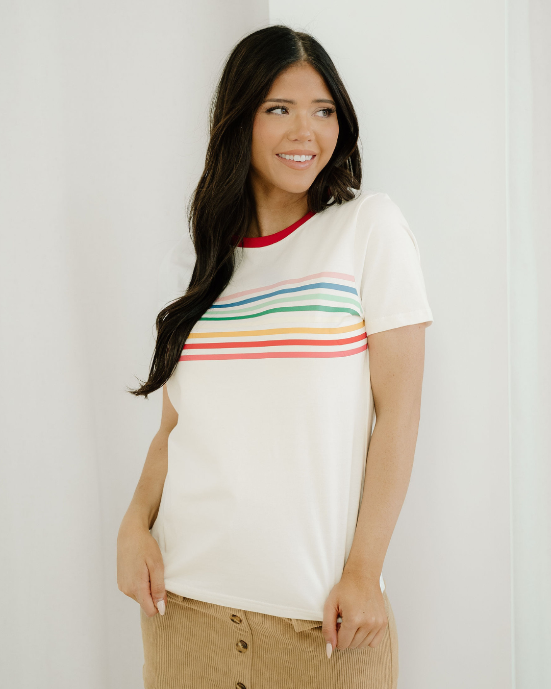 Melanie Rainbow Stripe Print Crewneck T Shirt