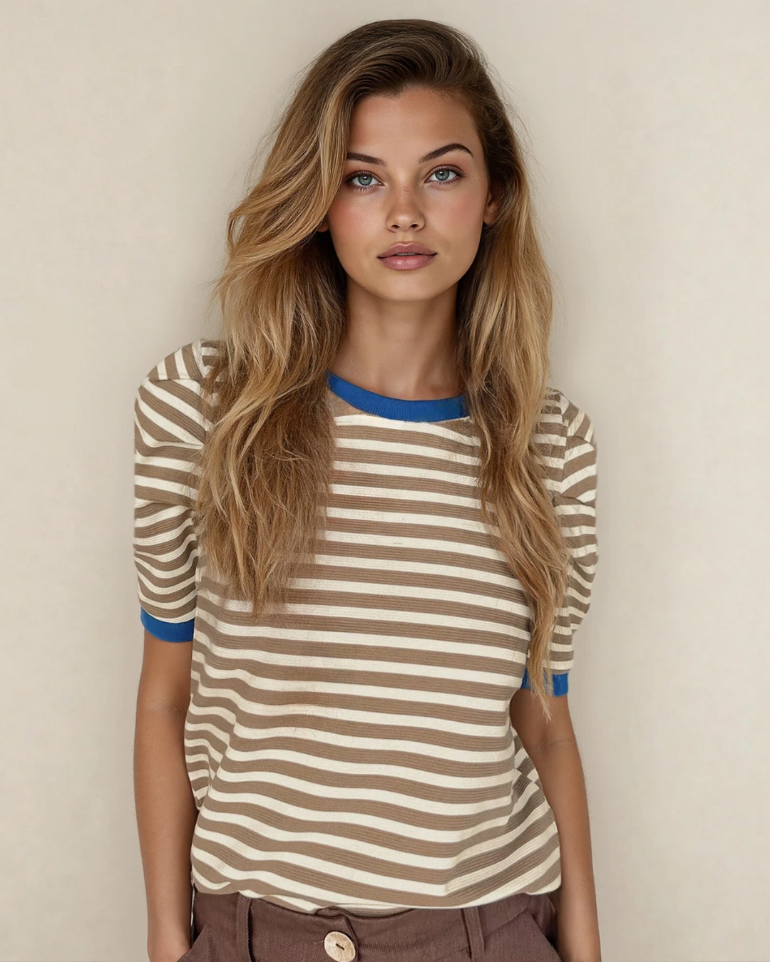 Kimberly Stripe Short Puff Sleeve Contrast Trim Round Neck Tee - Brown