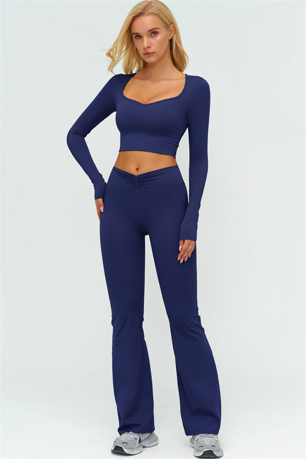 The Lushness Long Sleeve Crop Top Flared Leggings 2-Piece Set