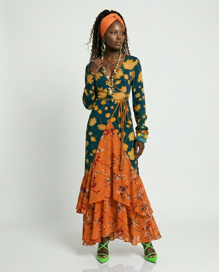 Wanderlust Patchwork Ruffled Maxi Dress