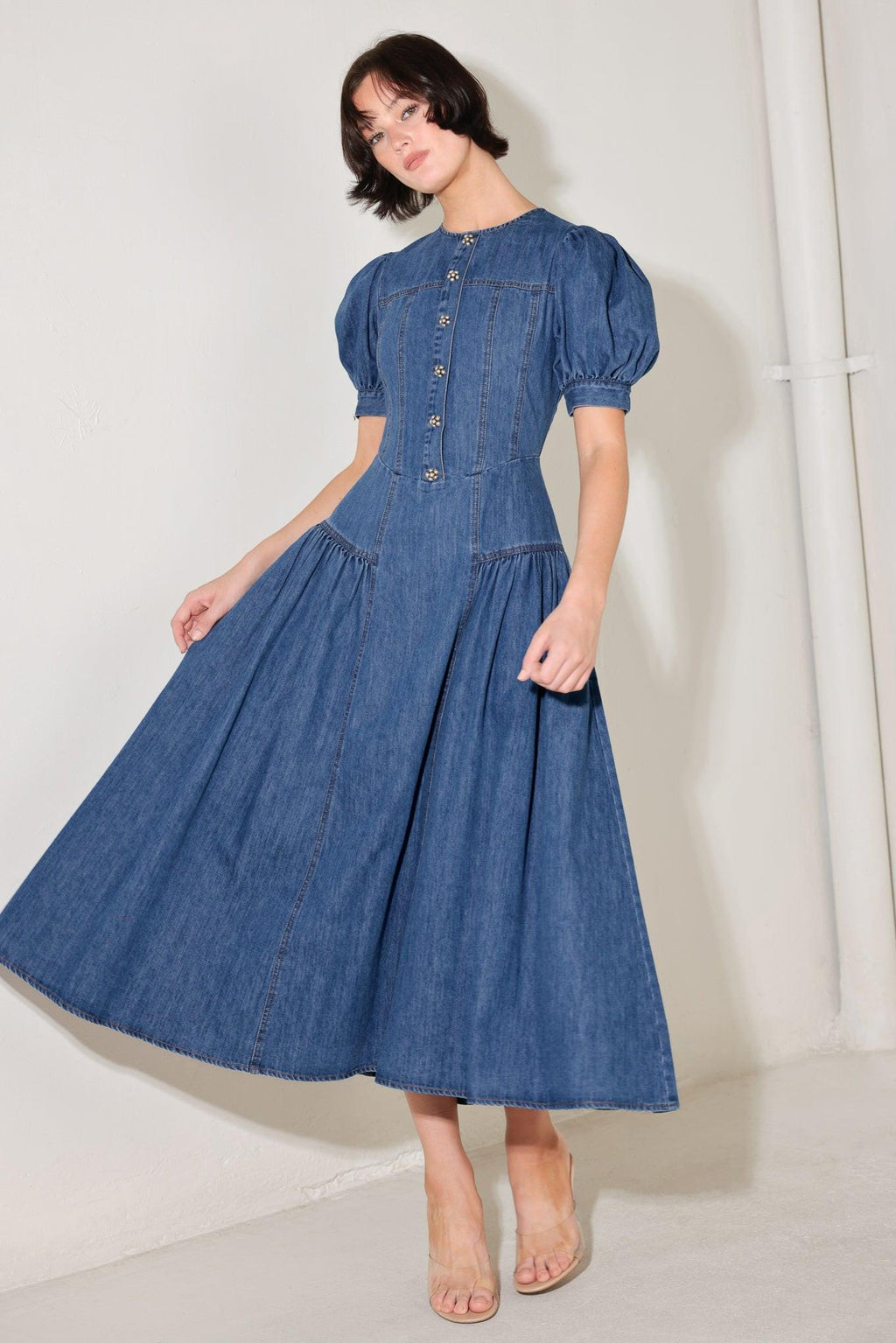 MIDDAY IN BLUE DENIM MIDI DRESS