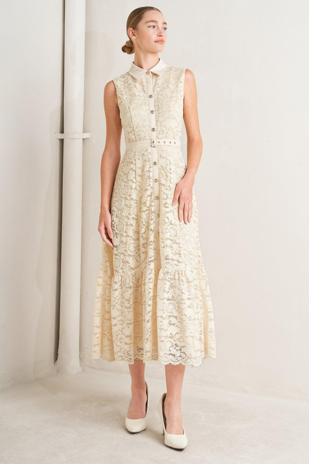 PURELY ROMANTIC WOVEN LACE MIDI DRESS
