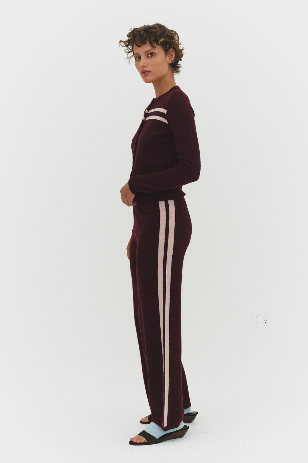 CASHMERE WOOL STRIPE WIDE-LEG PANT IN RASPBERRY