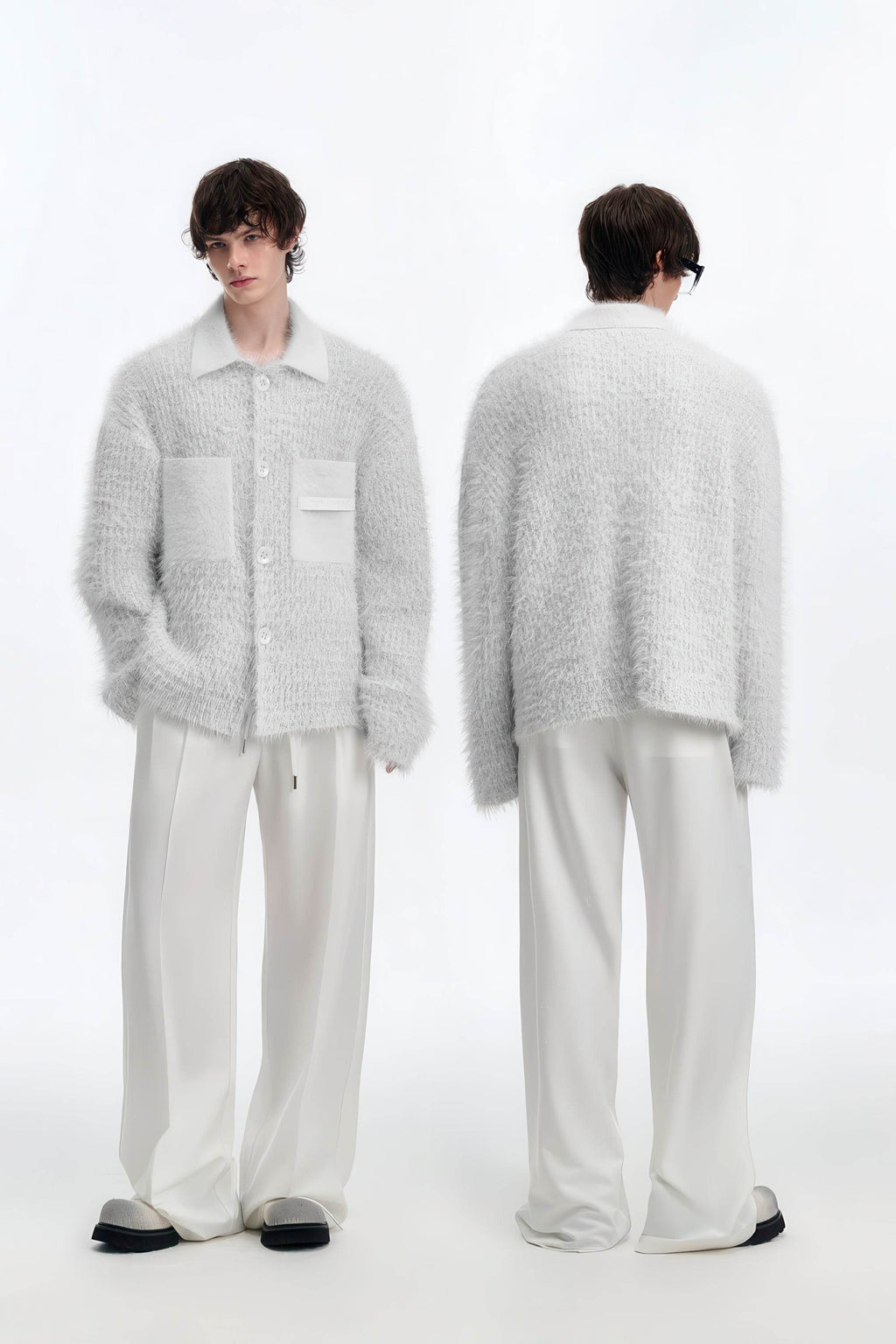 White Chunky Knit Cardigan - Ceramic Button & Shawl Collar Design