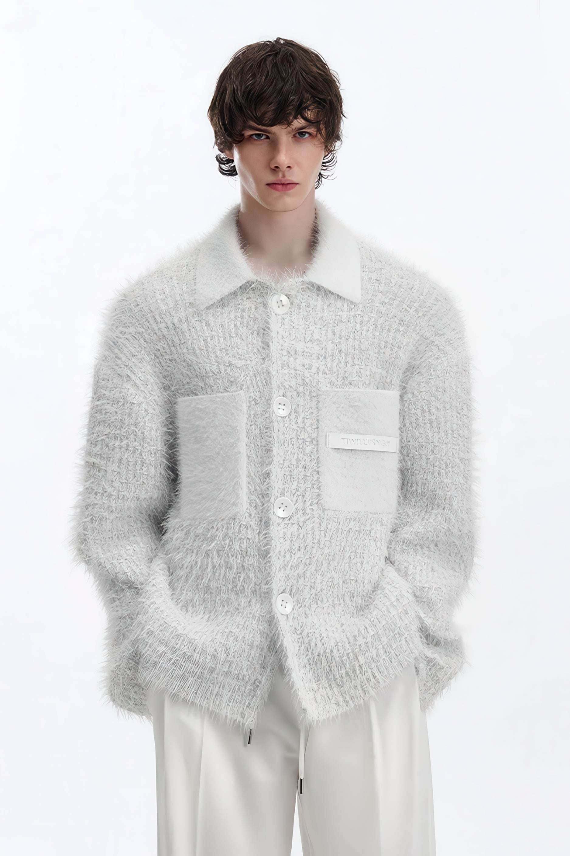 White Chunky Knit Cardigan - Ceramic Button & Shawl Collar Design