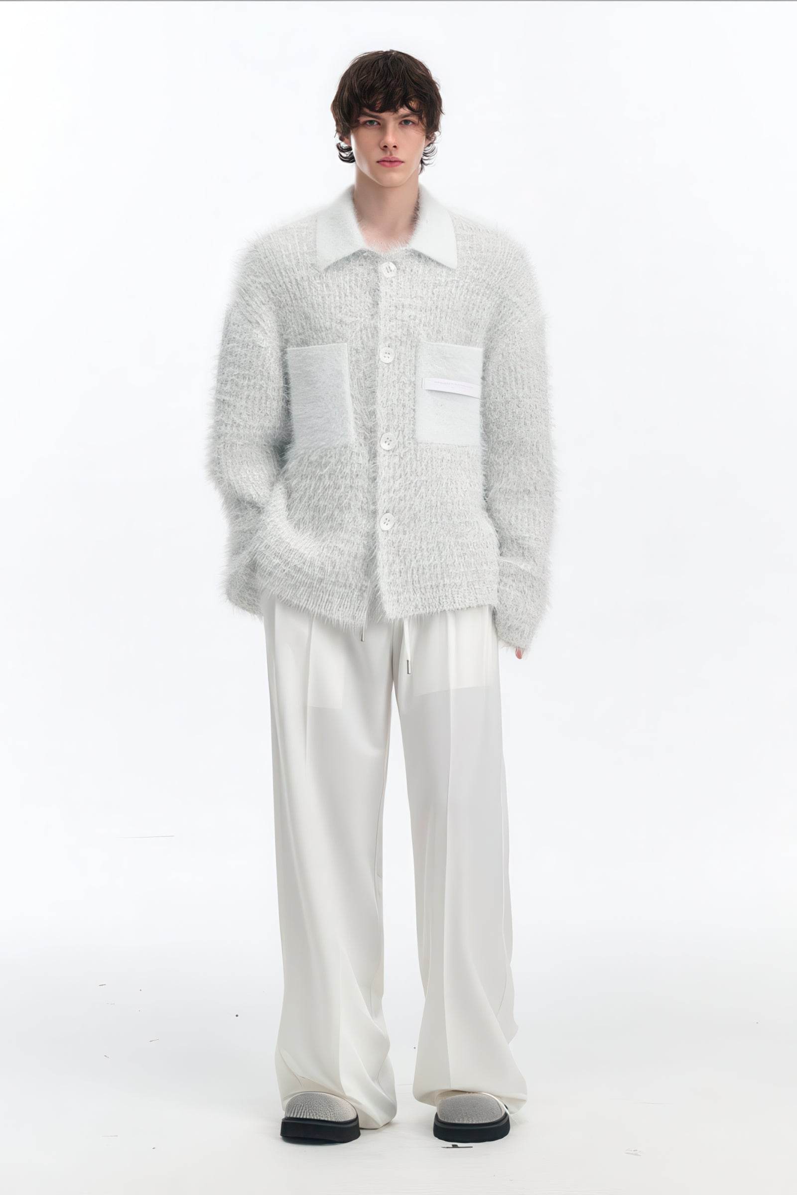 White Chunky Knit Cardigan - Ceramic Button & Shawl Collar Design