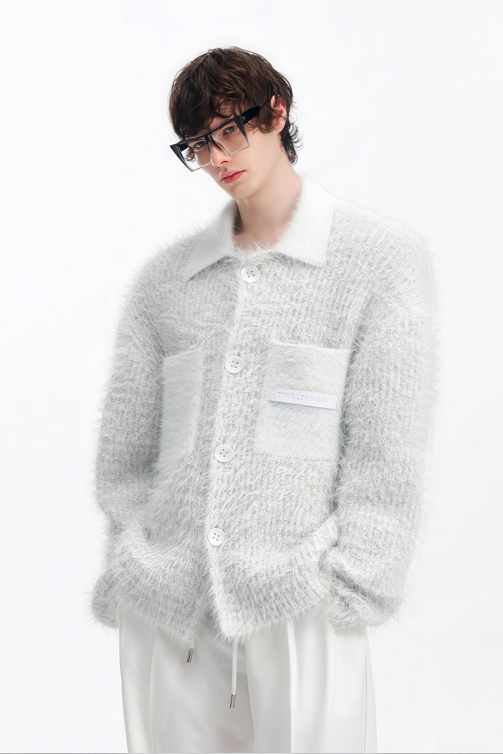 White Chunky Knit Cardigan - Ceramic Button & Shawl Collar Design