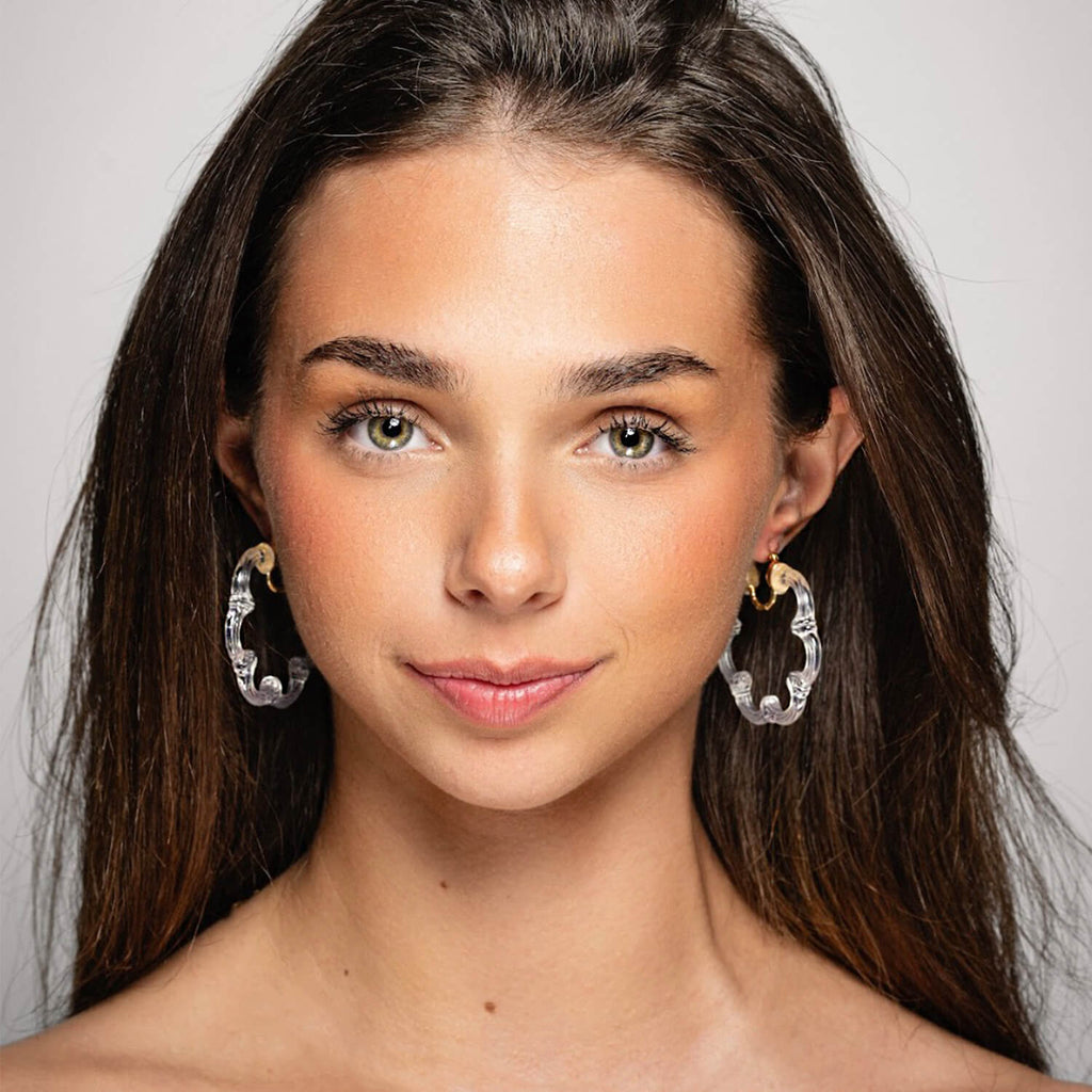 Flower Bamboo Lucite Hoop Earrings