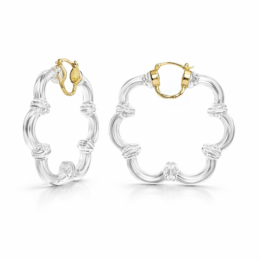 Flower Bamboo Lucite Hoop Earrings