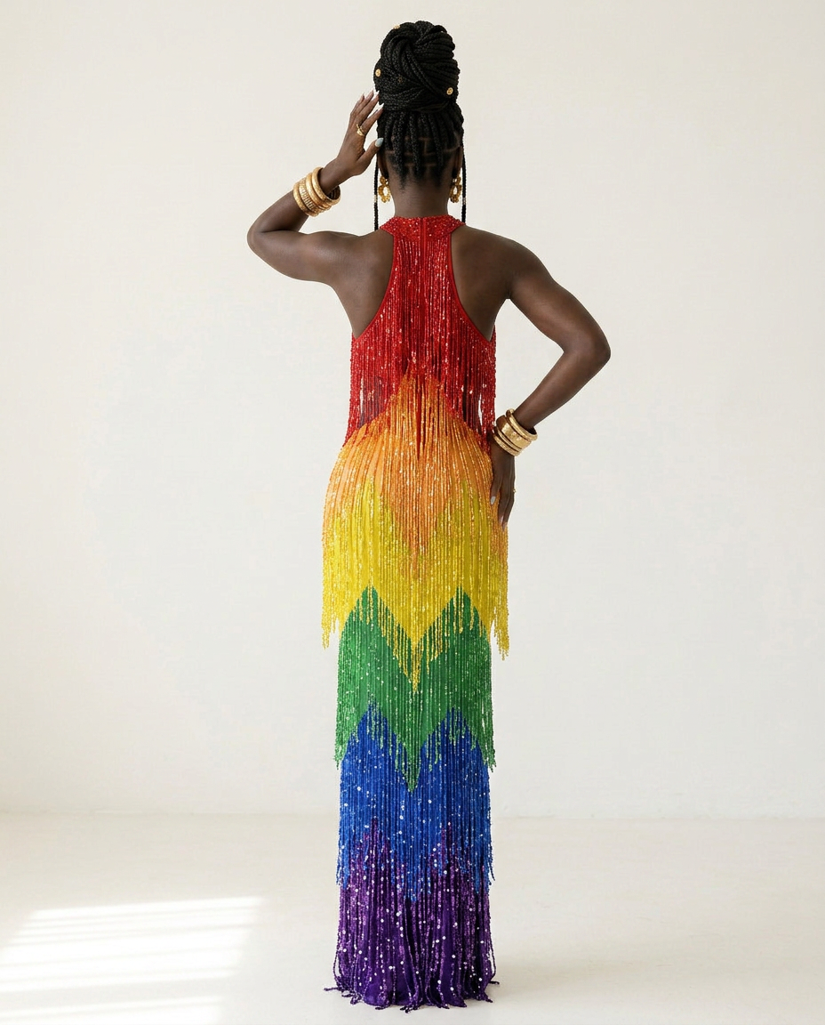 [PRE ORDER] Vibrant Rainbow Fringe Mesh Maxi Dress